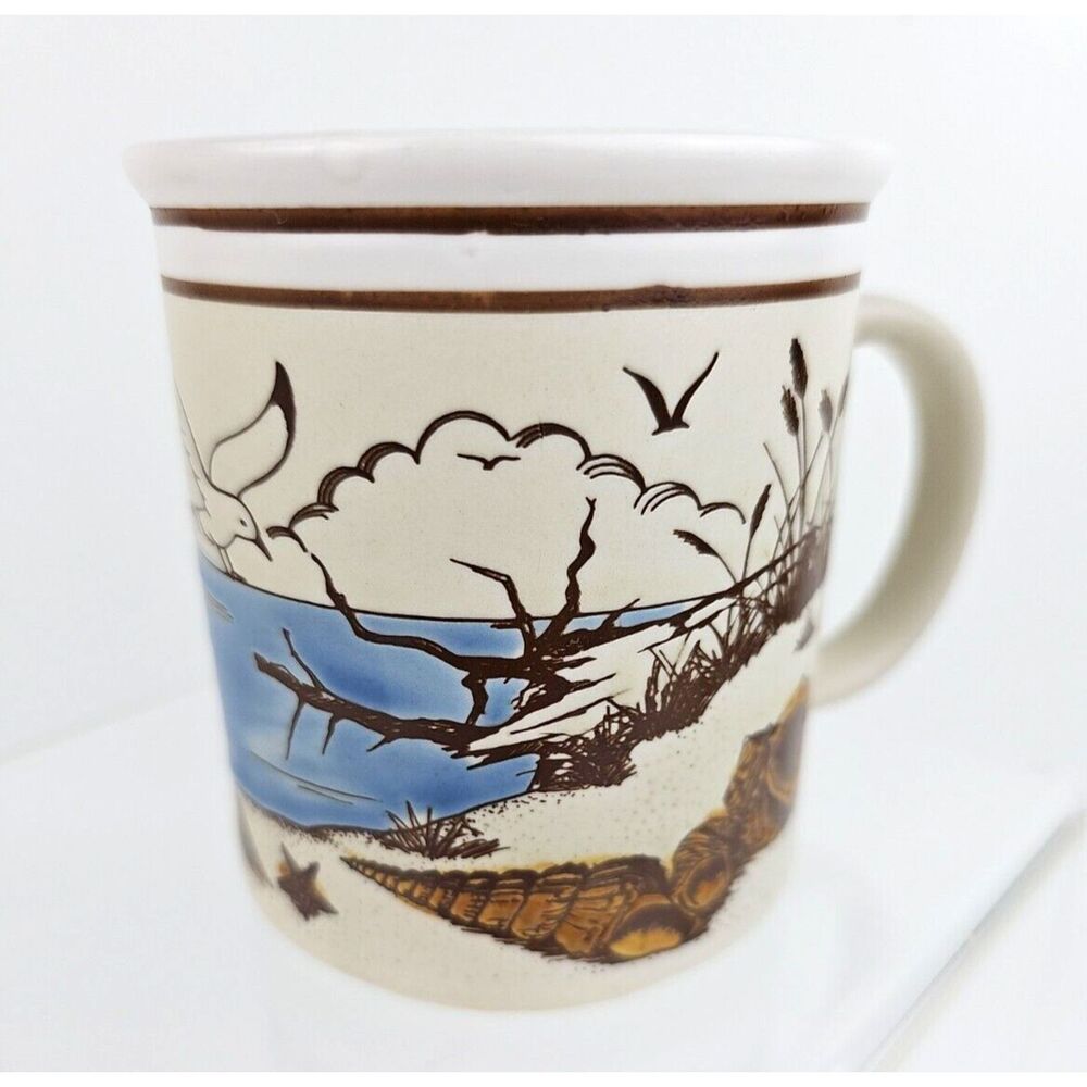 Vintage Action Japan Seagull Shell Coffee Mug Cup Lighthouse Beach Grass 4in